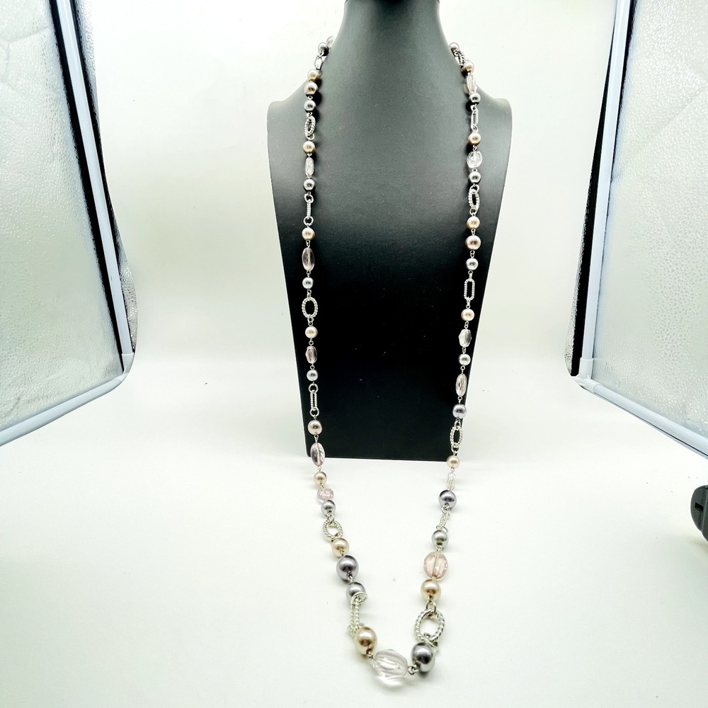 Premier Designs Long Strand Necklace Silver Tone Black Bead Link Signed - Picture 7 of 7